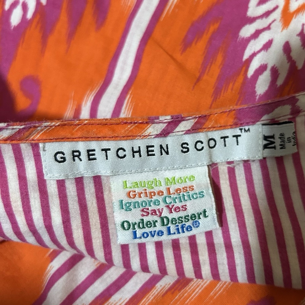 Gretchen Scott Top M Orange Purple Ikat Batik V Neck Cotton Resort Tunic - Picture 10 of 14